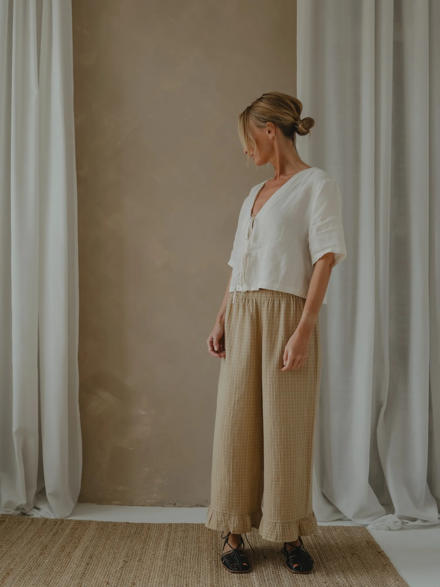 Women's Grid Check Wheat Frill Culottes - Image 4